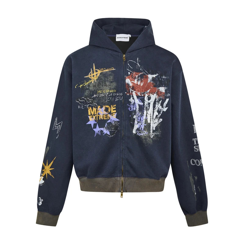 Y2K Vintage Graffiti Graphic Zip UpHoodie