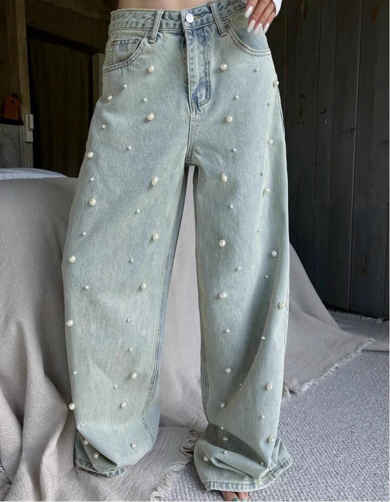 Y2K Vintage High Waist Loose Beading Denim Jeans