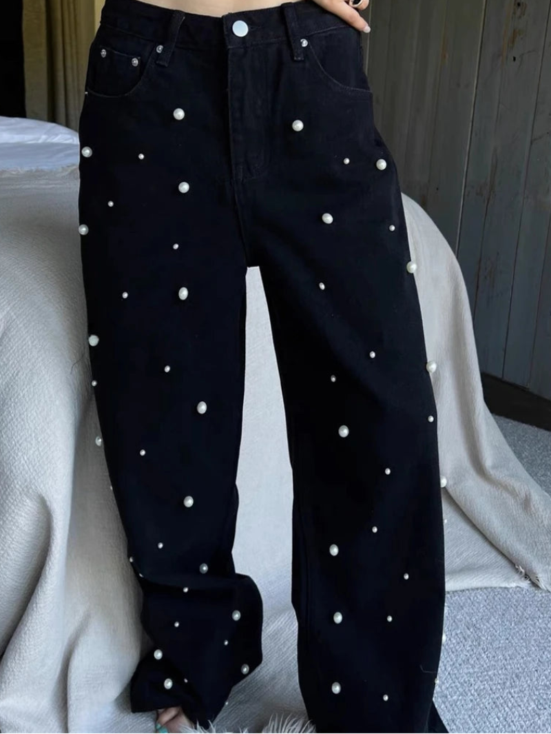 Y2K Vintage High Waist Loose Beading Denim Jeans