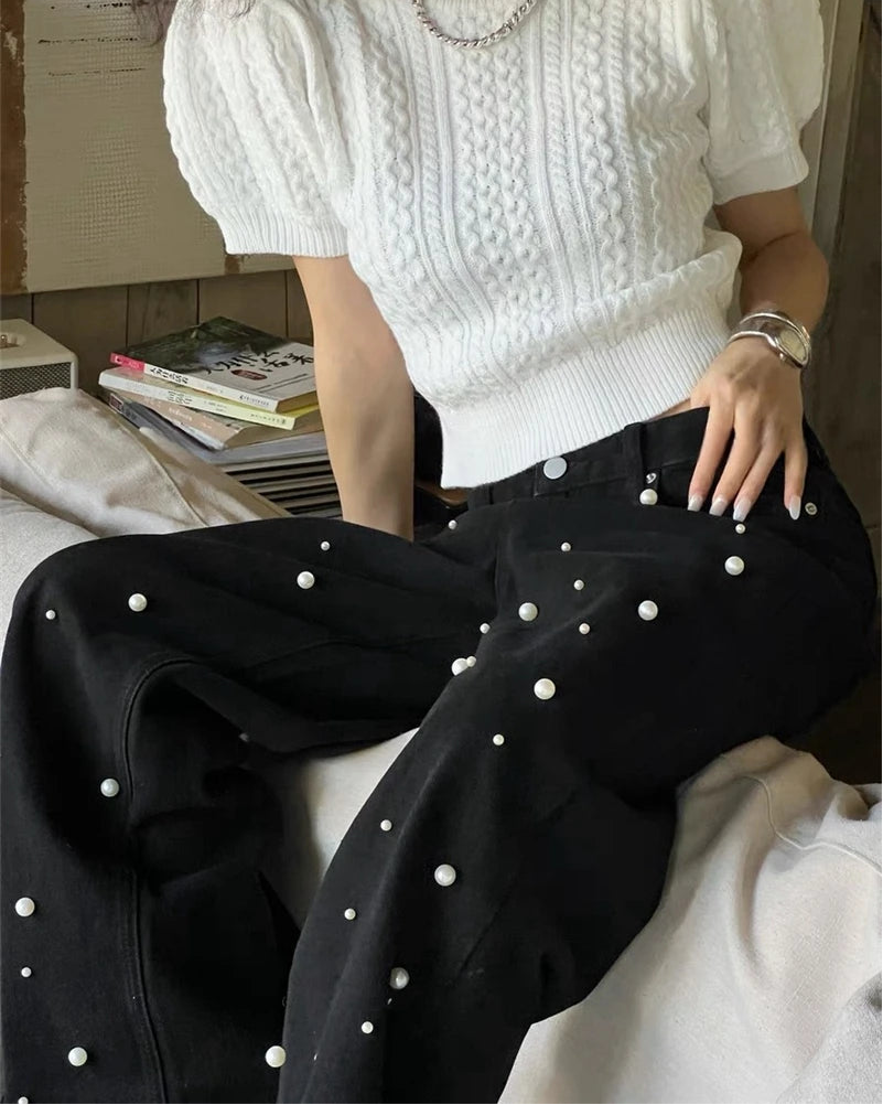 Y2K Vintage High Waist Loose Beading Denim Jeans