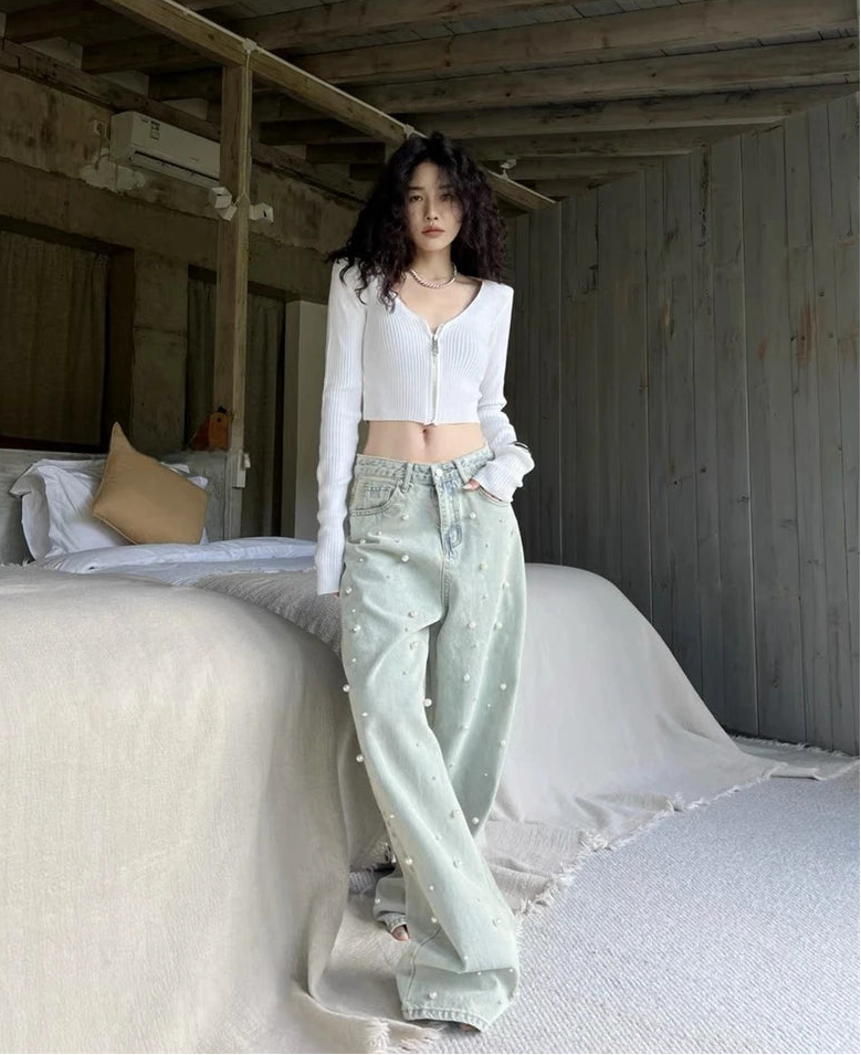 Y2K Vintage High Waist Loose Beading Denim Jeans
