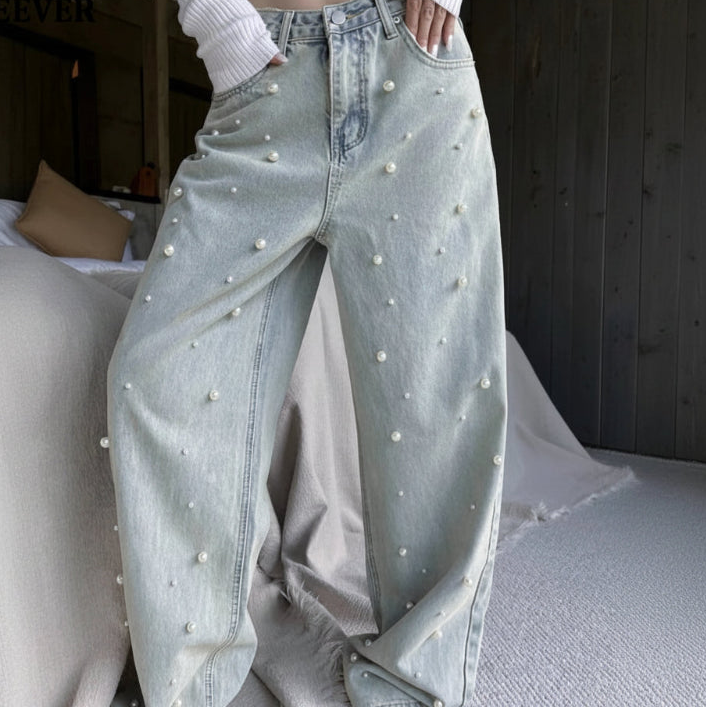 Y2K Vintage High Waist Loose Beading Denim Jeans