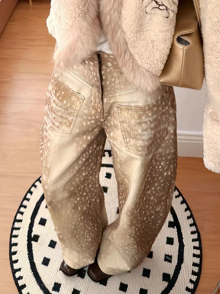 Y2K Vintage Hyena Animal Print Wide Leg Baggy Jeans