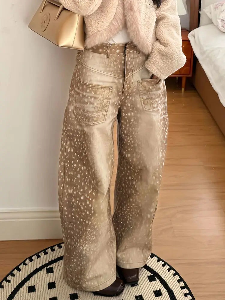 Y2K Vintage Hyena Animal Print Wide Leg Baggy Jeans