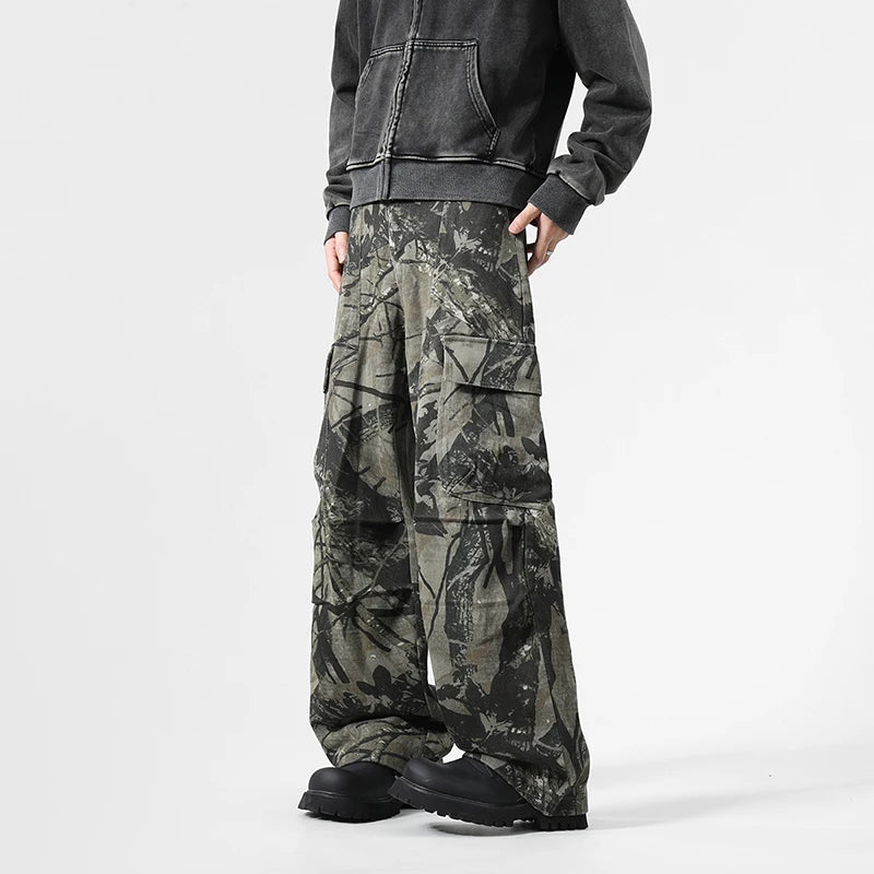 Y2K Vintage Leaf Pattern Camouflage Cargo Trousers