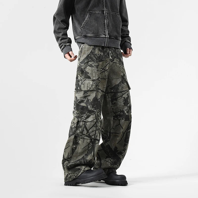 Y2K Vintage Leaf Pattern Camouflage Cargo Trousers