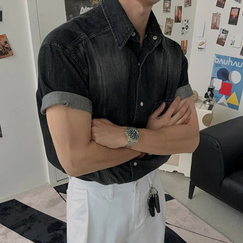 Y2K Vintage Mens Denim Short Sleeve Shirt