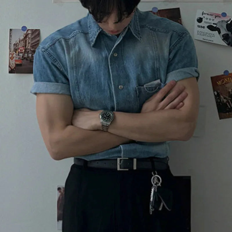 Y2K Vintage Mens Denim Short Sleeve Shirt