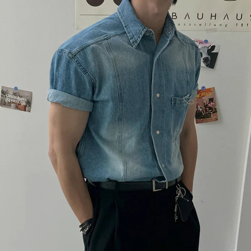Y2K Vintage Mens Denim Short Sleeve Shirt