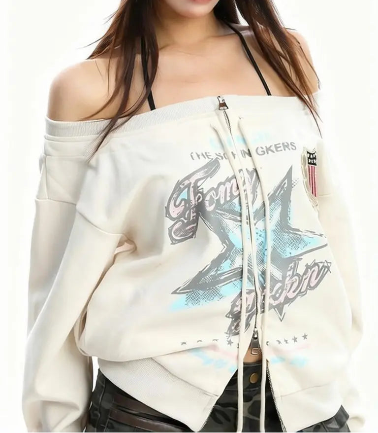 Y2K Vintage Oversized Off Shoulder Sweatshirt Jacket