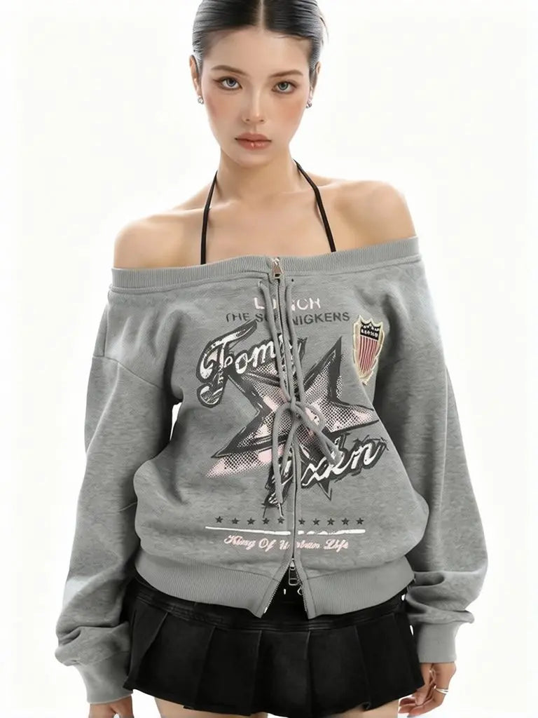 Y2K Vintage Oversized Off Shoulder Sweatshirt Jacket