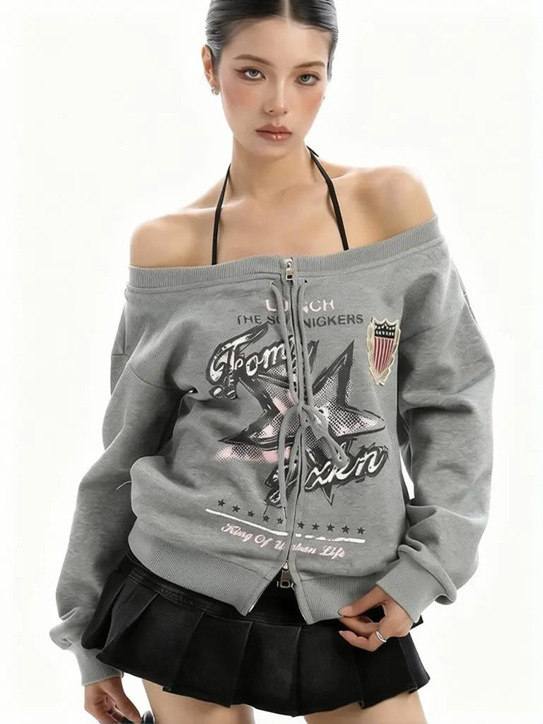 Y2K Vintage Oversized Off Shoulder Sweatshirt Jacket