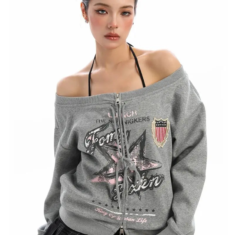 Y2K Vintage Oversized Off Shoulder Sweatshirt Jacket