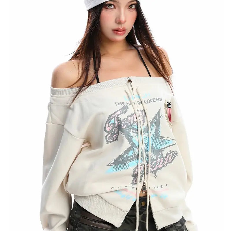 Y2K Vintage Oversized Off Shoulder Sweatshirt Jacket