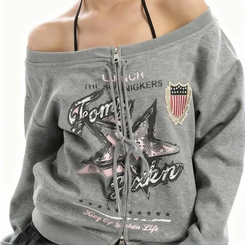 Y2K Vintage Oversized Off Shoulder Sweatshirt Jacket