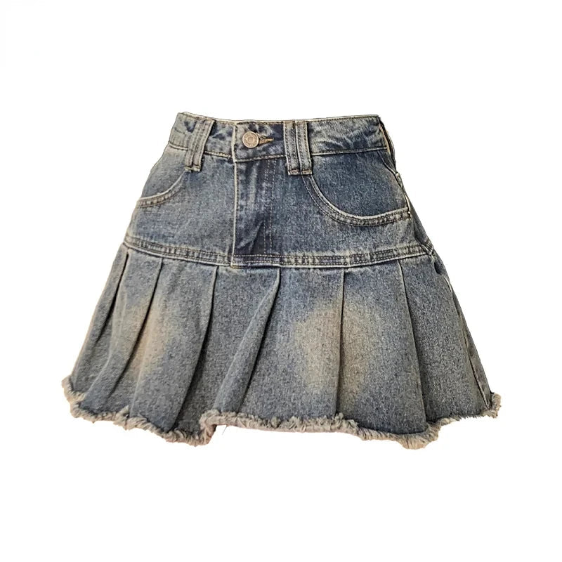 Y2K Vintage Pleated Distressed Denim Mini Skirt