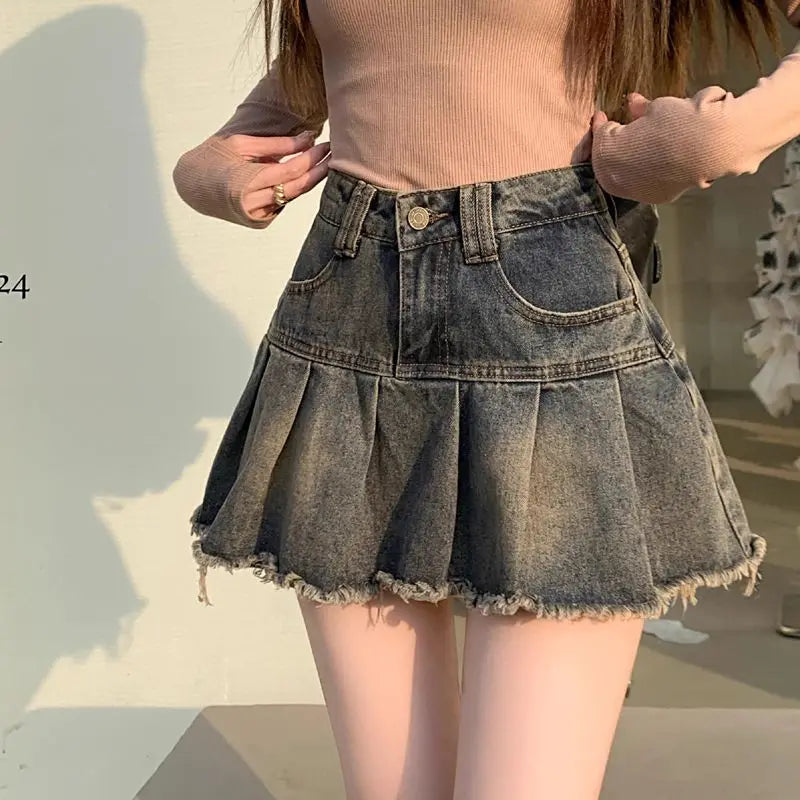 Y2K Vintage Pleated Distressed Denim Mini Skirt