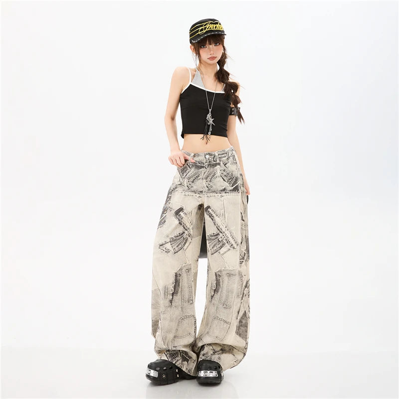 Y2K Vintage Print Wide Leg Baggy Jeans