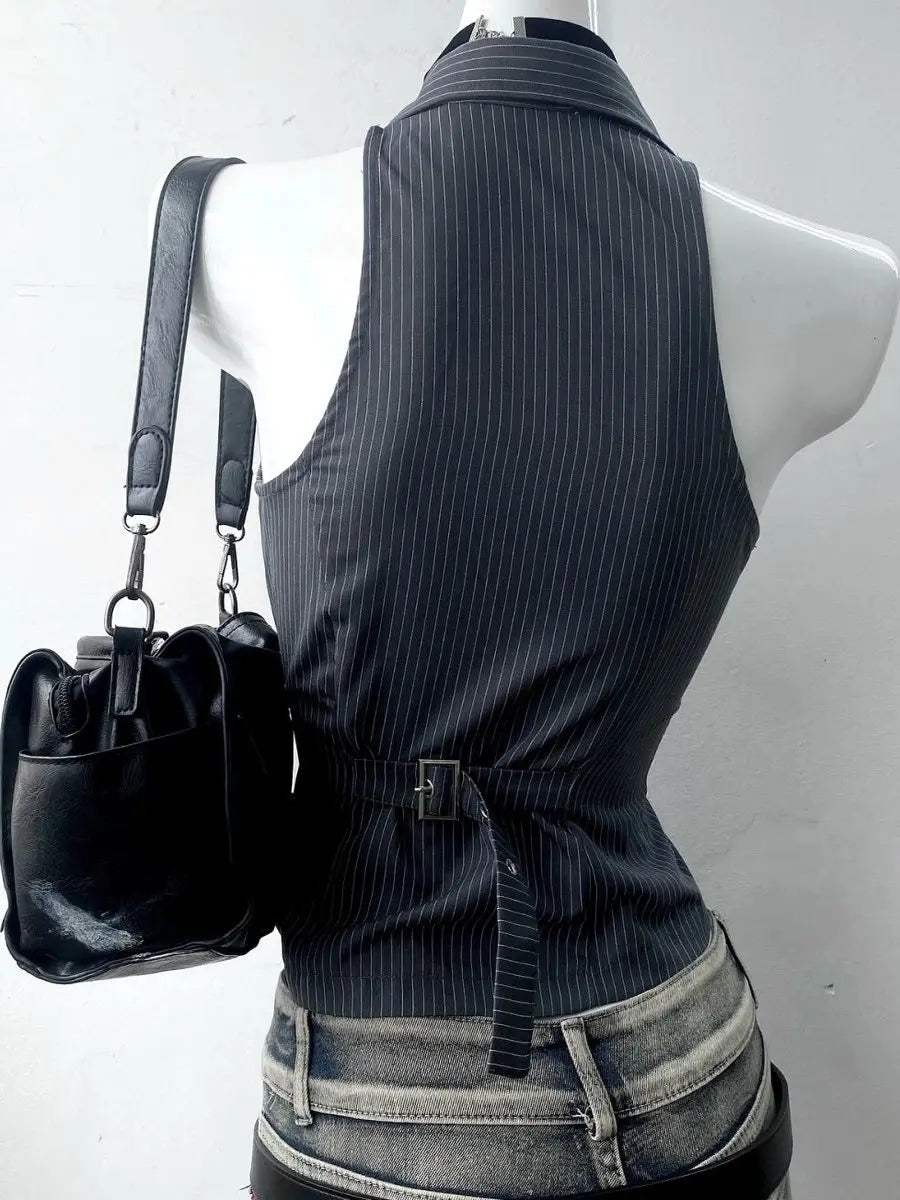 Y2K Vintage Striped Collared Sleeveless Low Cut Top