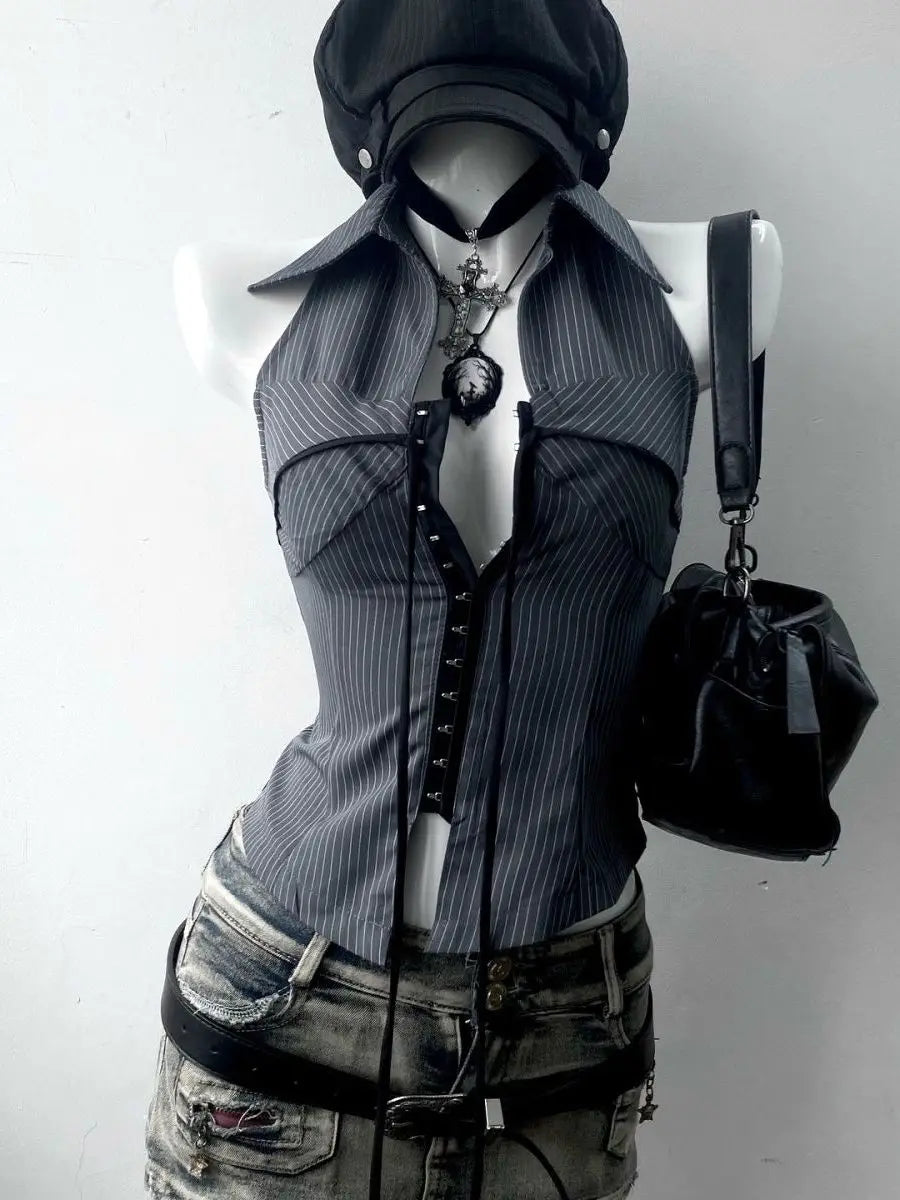 Y2K Vintage Striped Collared Sleeveless Low Cut Top
