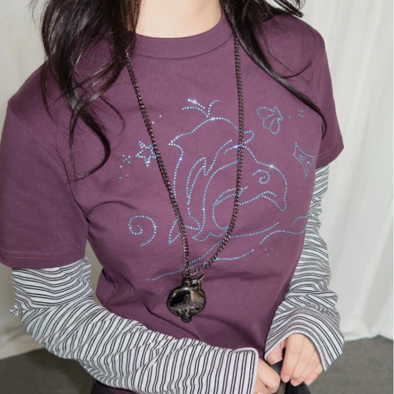 Y2K-Vintage-Striped-Dolphin-Graphic-Long-Sleeve-Top