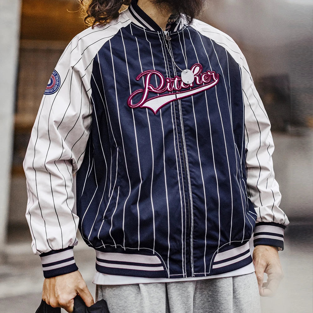 Y2K Vintage Striped Embroidered Baseball Jacket