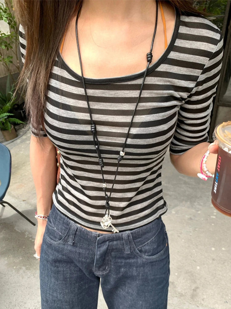 Y2K Vintage Striped Sheer Mesh Top