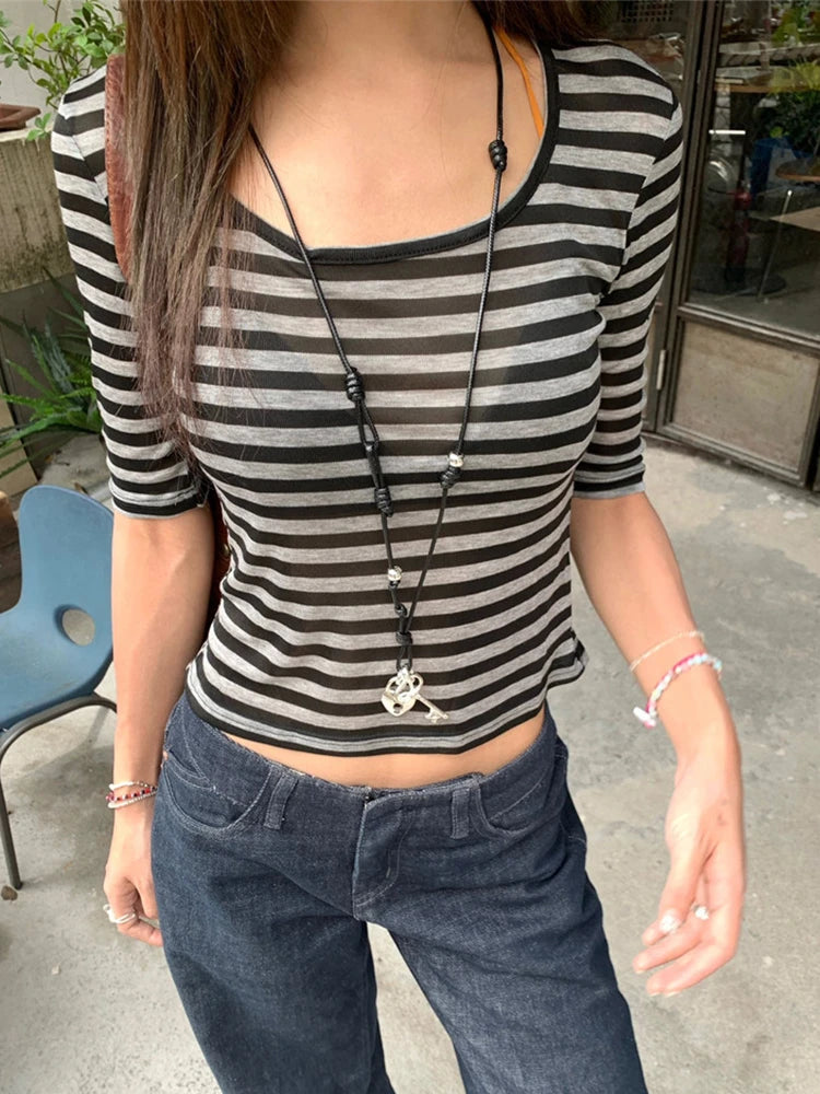 Y2K Vintage Striped Sheer Mesh Top