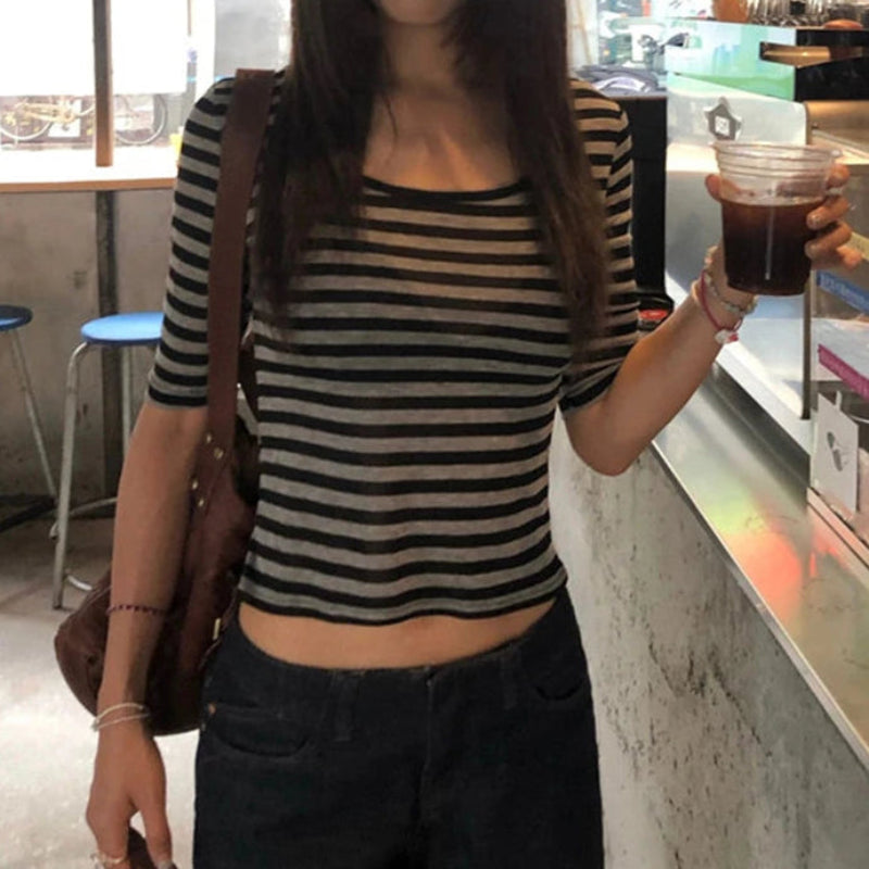 Y2K Vintage Striped Sheer Mesh Top