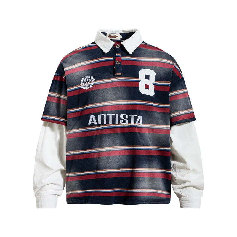 Y2K Vintage Striped Washed Mock Two Layer Polo Shirt