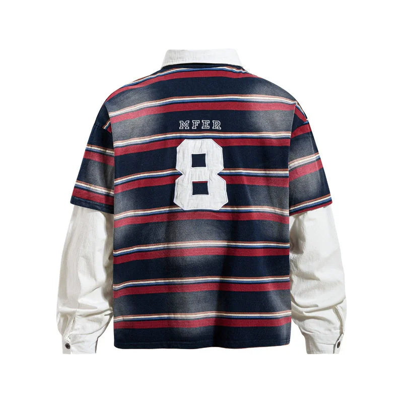 Y2K Vintage Striped Washed Mock Two Layer Polo Shirt