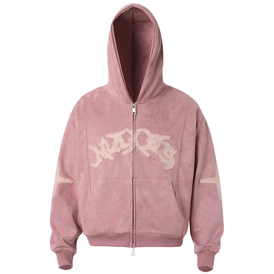 Y2K Vintage Suede Patchwork Zip Up Hoodie
