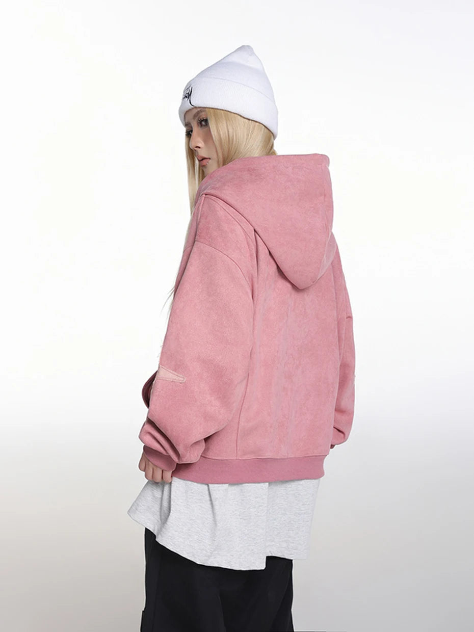 Y2K Vintage Suede Patchwork Zip Up Hoodie