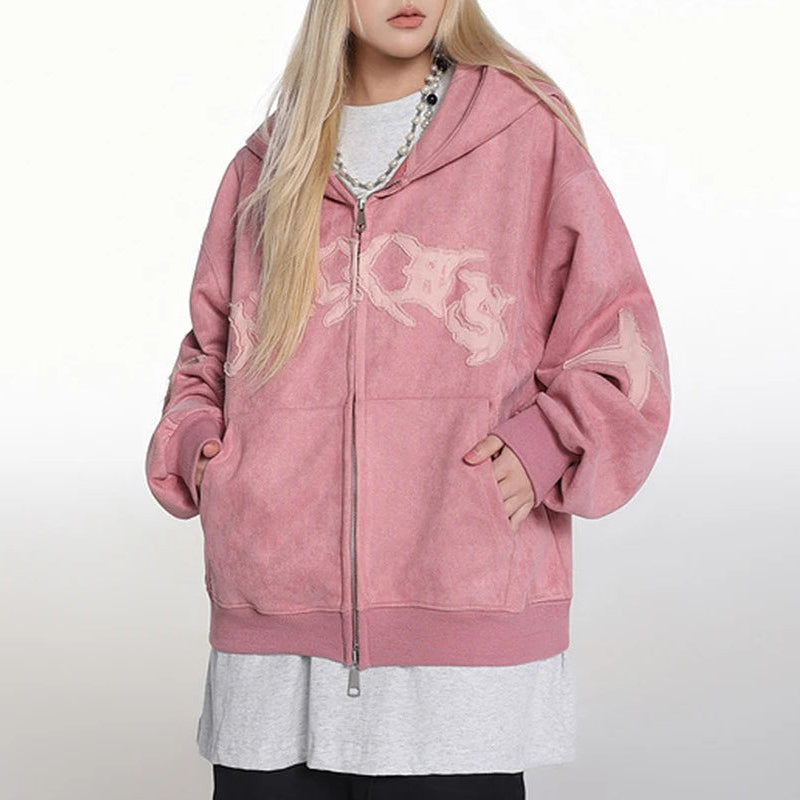 Y2K Vintage Suede Patchwork Zip Up Hoodie