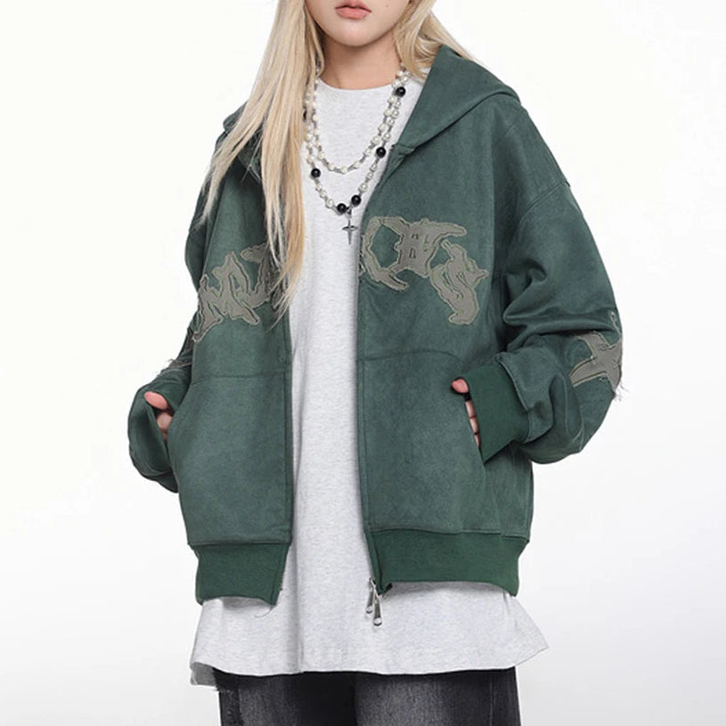 Y2K Vintage Suede Patchwork Zip Up Hoodie