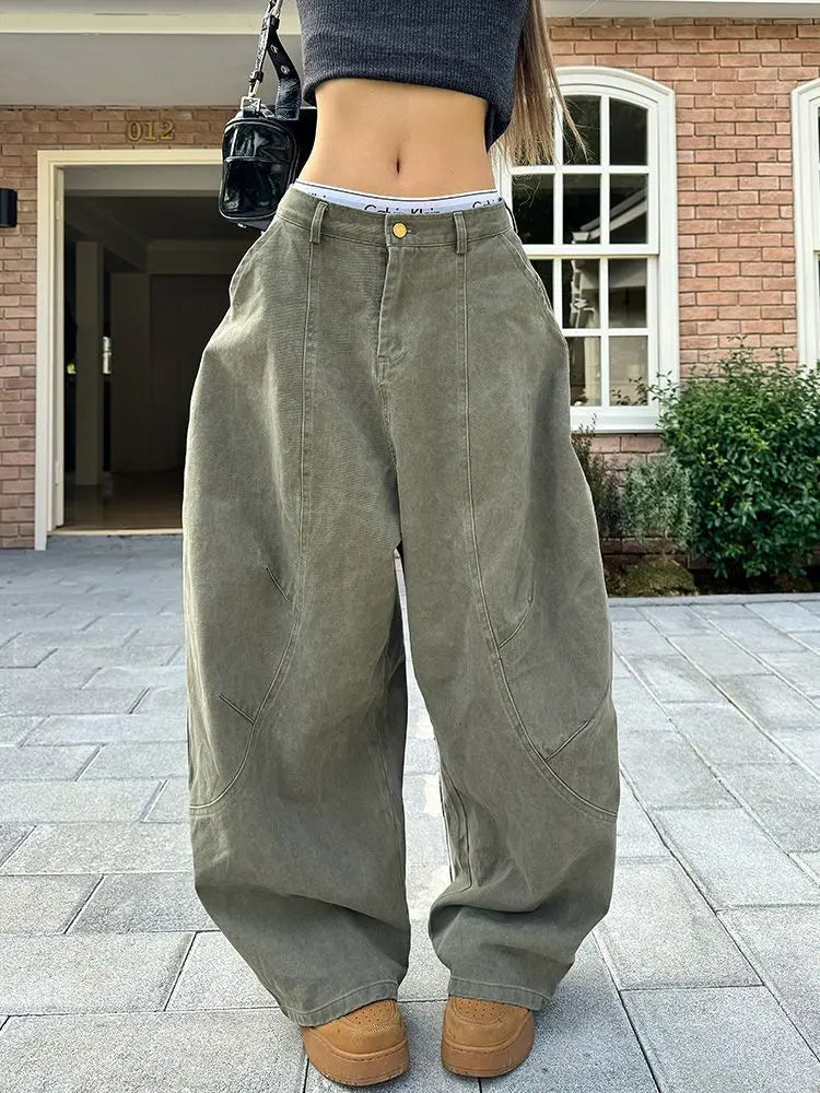 Y2K Vintage Wash Wide Leg Cargo Jeans