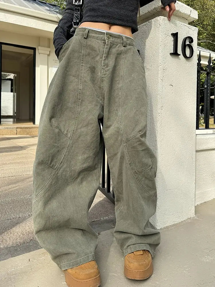 Y2K Vintage Wash Wide Leg Cargo Jeans