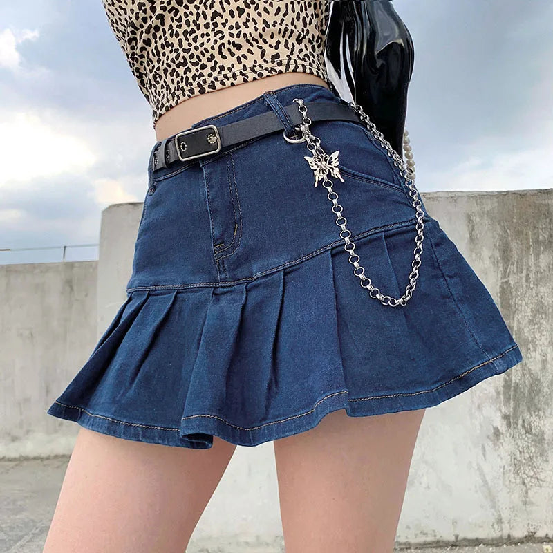 Y2K Vintage Washed Pleated Denim Mini Skirt Women