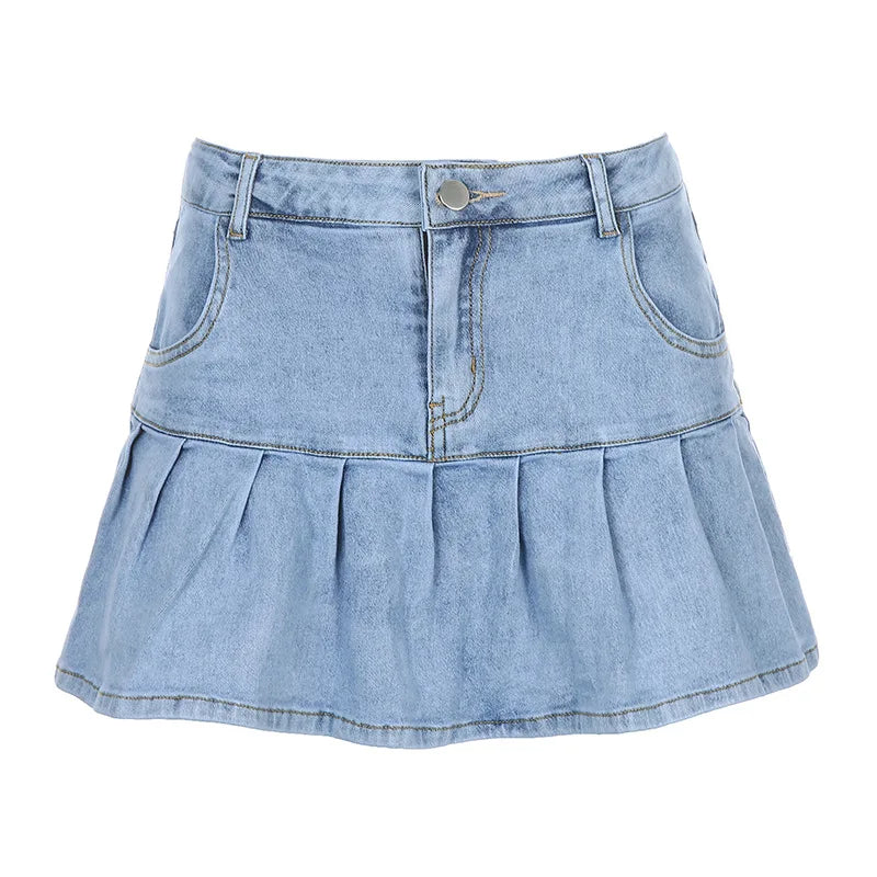 Y2K Vintage Washed Pleated Denim Mini Skirt Women