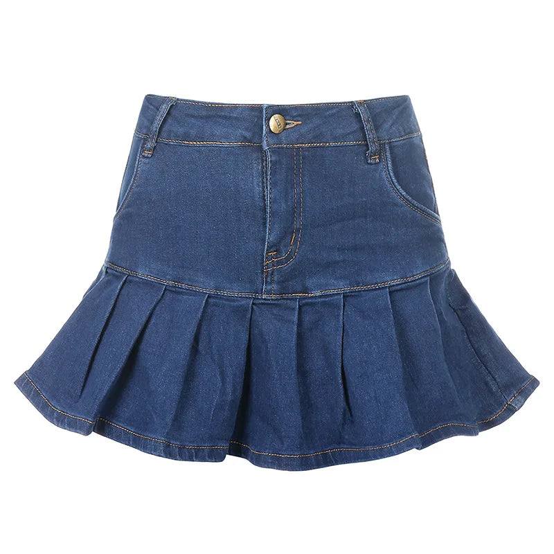 Y2K Vintage Washed Pleated Denim Mini Skirt Women