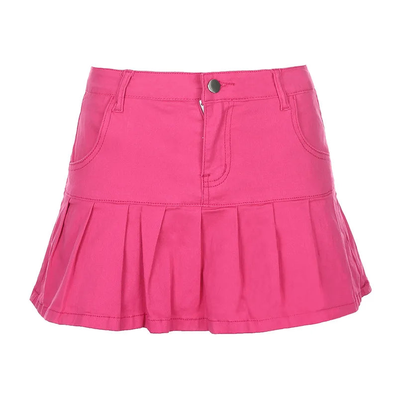 Y2K Vintage Washed Pleated Denim Mini Skirt Women
