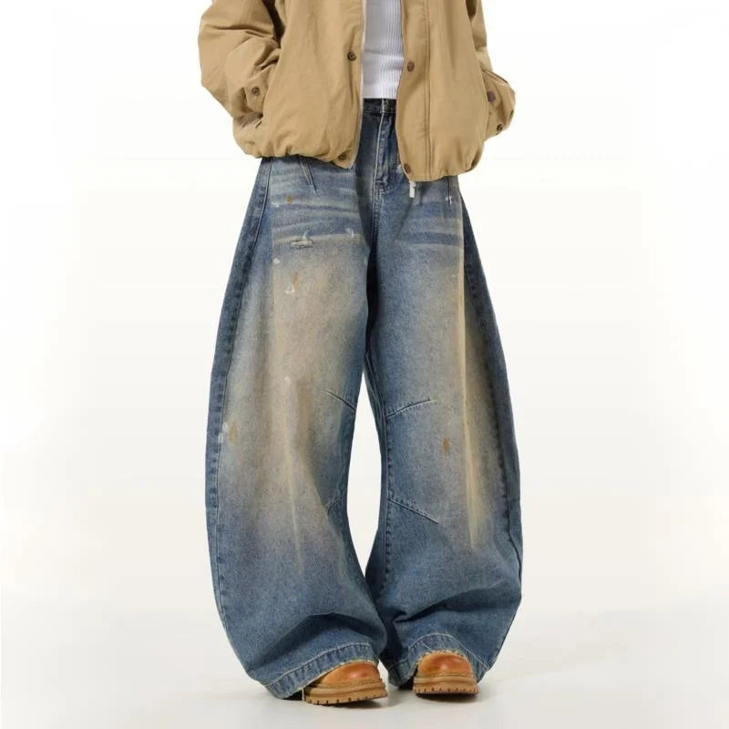 Y2K Vintage Wide Leg Washed Faux Dirt Barrel Jeans