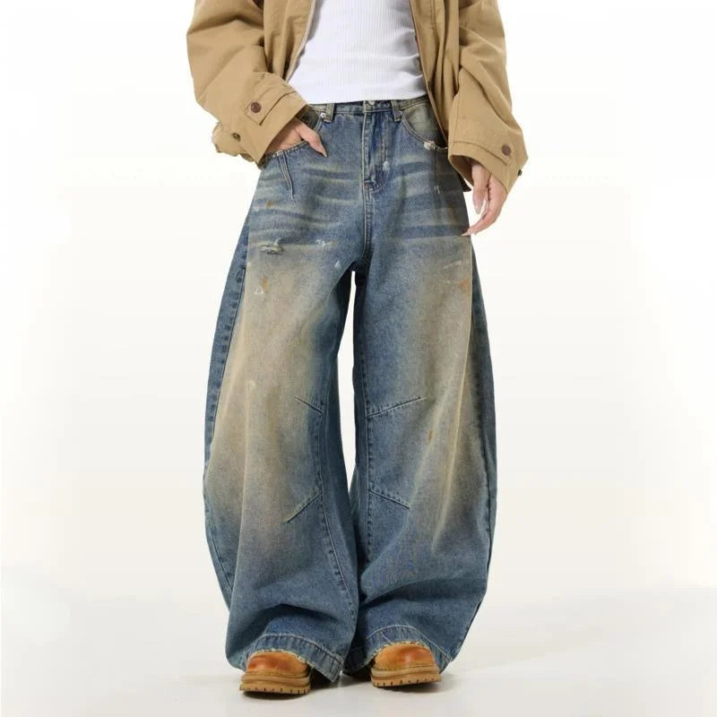 Y2K Vintage Wide Leg Washed Faux Dirt Barrel Jeans