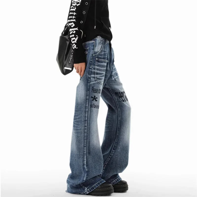 Y2K Warning Print Denim Jeans