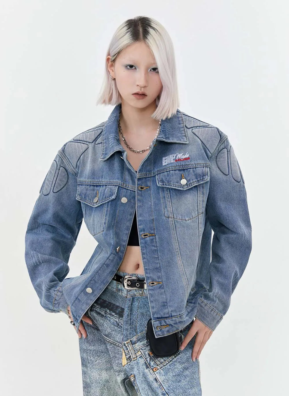 Y2K Washed Armour Panel Denim Jacket