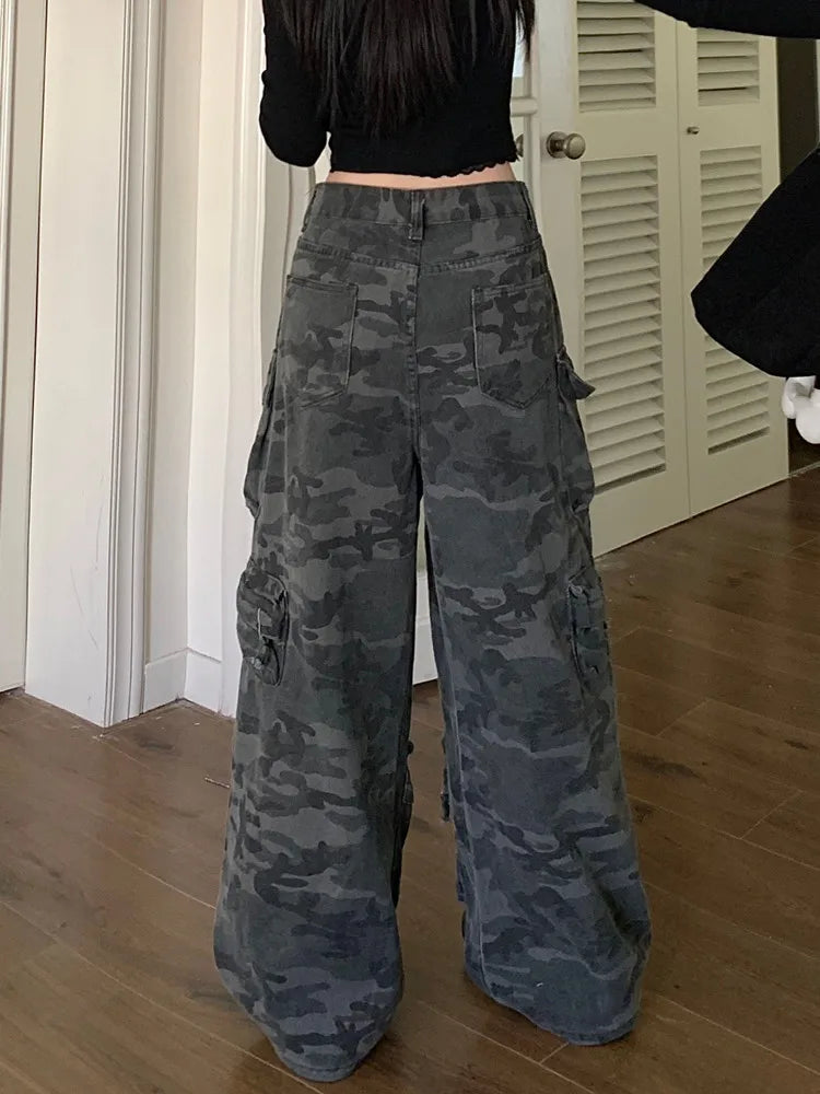 Y2K Washed Camouflage Multi Pocket Baggy Cargo Jeans