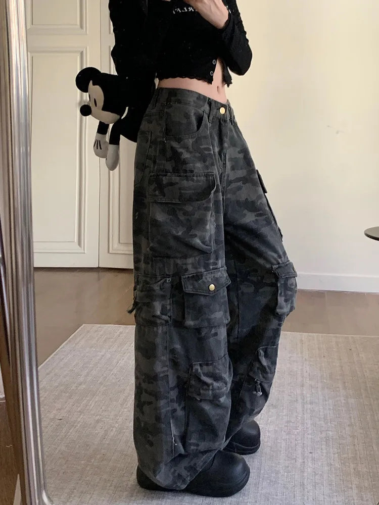 Y2K Washed Camouflage Multi Pocket Baggy Cargo Jeans