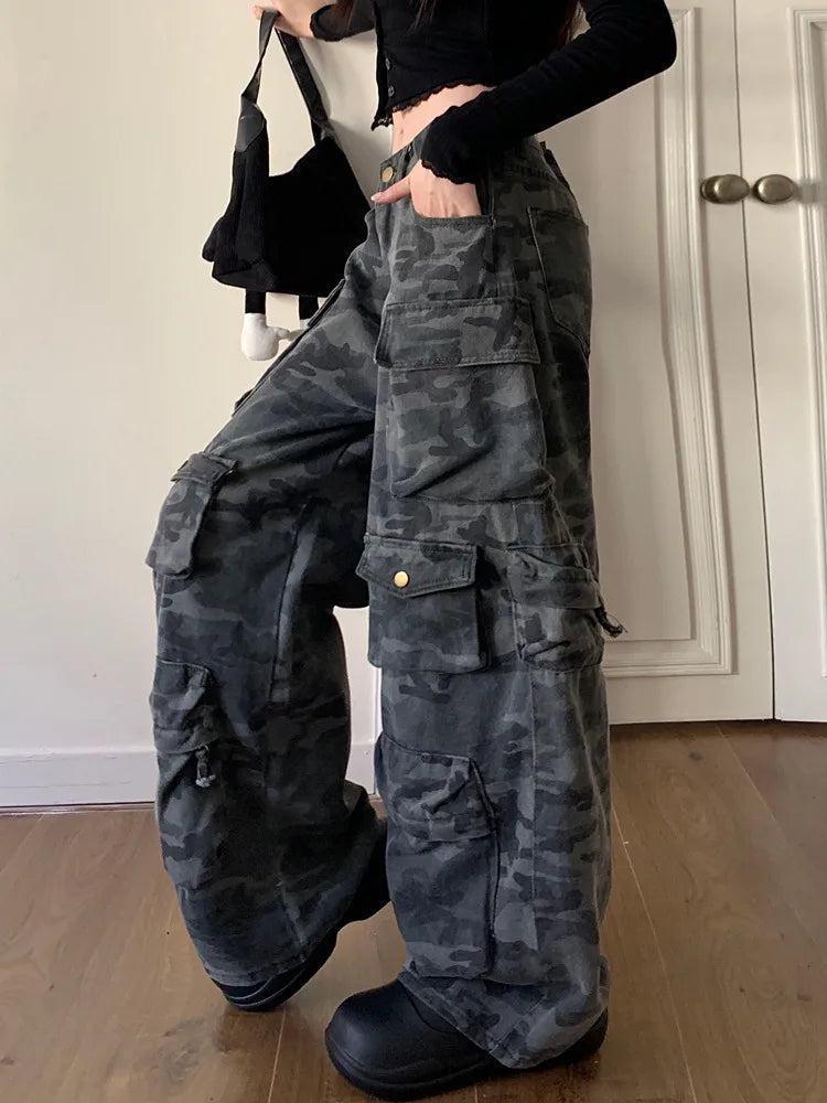 Y2K Washed Camouflage Multi Pocket Baggy Cargo Jeans