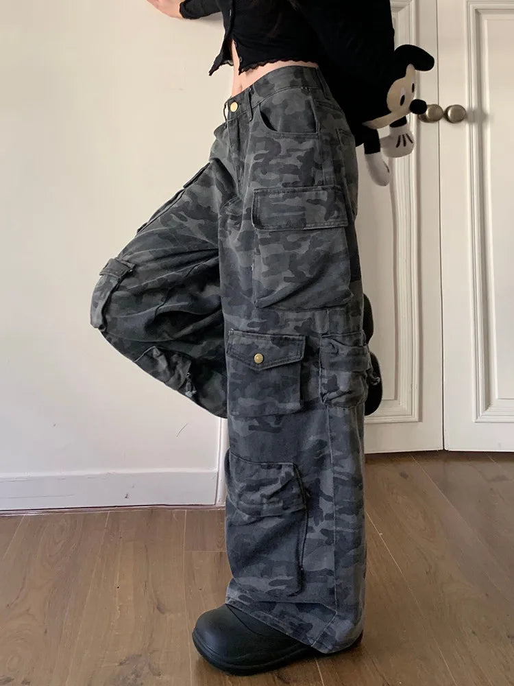 Y2K Washed Camouflage Multi Pocket Baggy Cargo Jeans