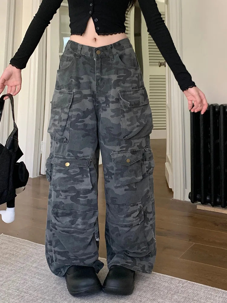 Y2K Washed Camouflage Multi Pocket Baggy Cargo Jeans